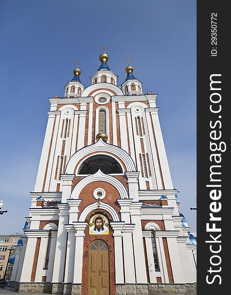 Orthodox church in winter time in sun beams