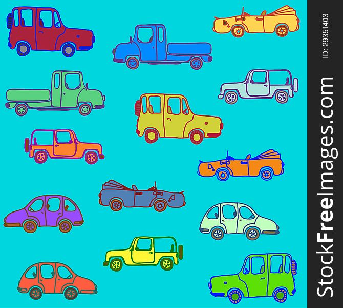 Cars of different colors on blue background. Cars of different colors on blue background