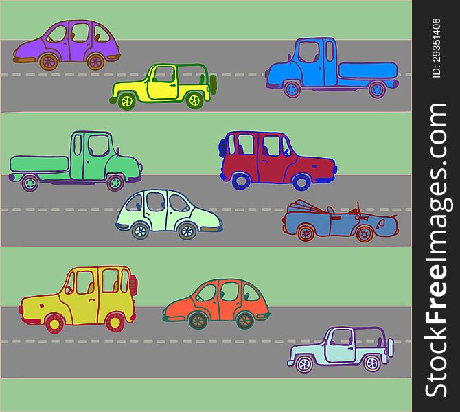 Cars of different color on roads. Cars of different color on roads