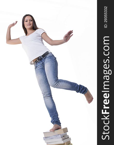 Young smiling student woman. Over white background