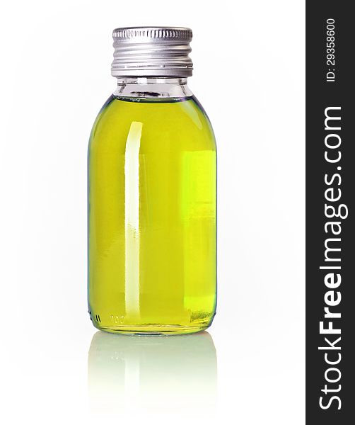 Closed potion of yellow liquid over white background