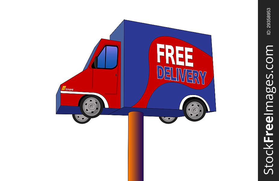 Blue commercial vehicle above stand. Delivery truck with free delivery sign. Blue commercial vehicle above stand. Delivery truck with free delivery sign.