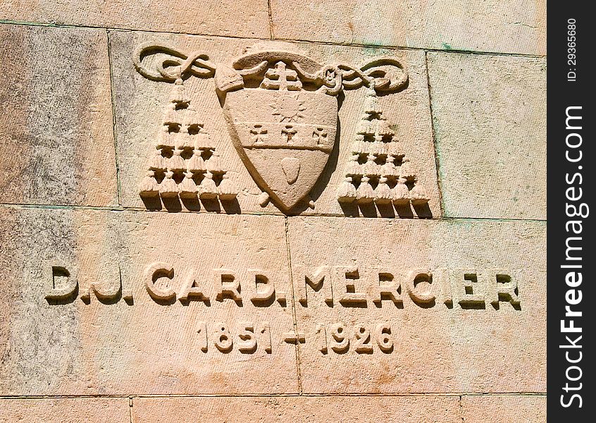 Coat of arms and the date of the life of Cardinal Mercier statue by cathedral Saints Michel and Gudule. D.J. CARDINAL MERCIER 1851-1926 in Brussels Belgium