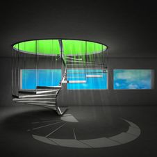 Spiral Staircase With Green Holy Beam From Upstairs Royalty Free Stock Image