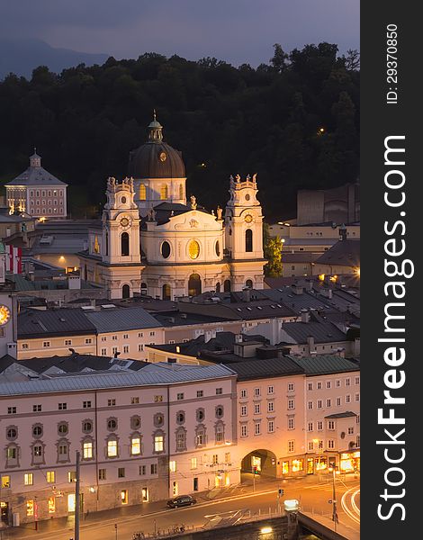 Church named Kollegienkirche in Salzburg at night