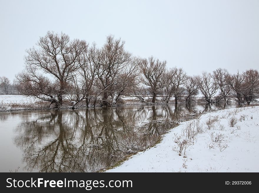 Winter landscape river Zagyva in Hungary