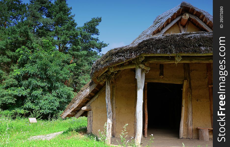 A hut made of straw in a reconstructed Stone Age village