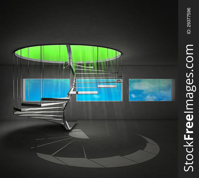 Spiral staircase with green holy beam from upstairs illustration