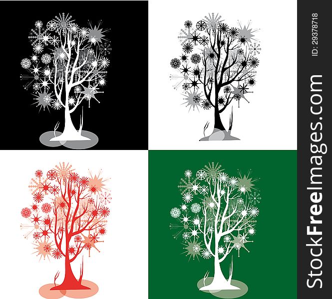 Vector illustration of four beautiful trees with fantastic snowflakes on colourful backgrounds. Vector illustration of four beautiful trees with fantastic snowflakes on colourful backgrounds