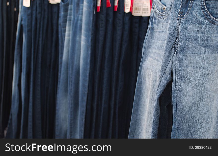 Blue denim pants displayed for sell. Blue denim pants displayed for sell