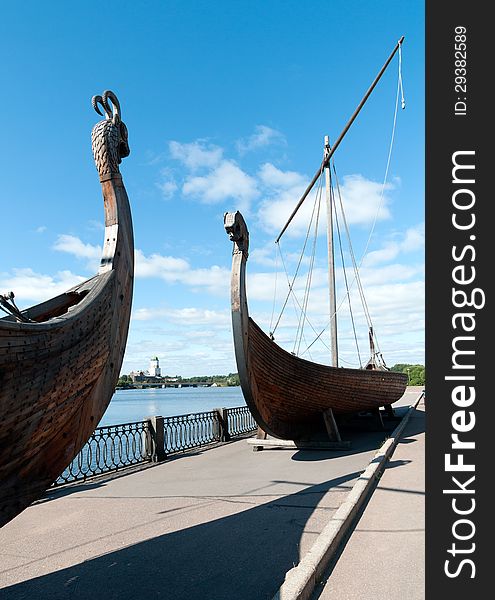 Two old Drakkar boats of the Vikings on the embankment of the Vyborg