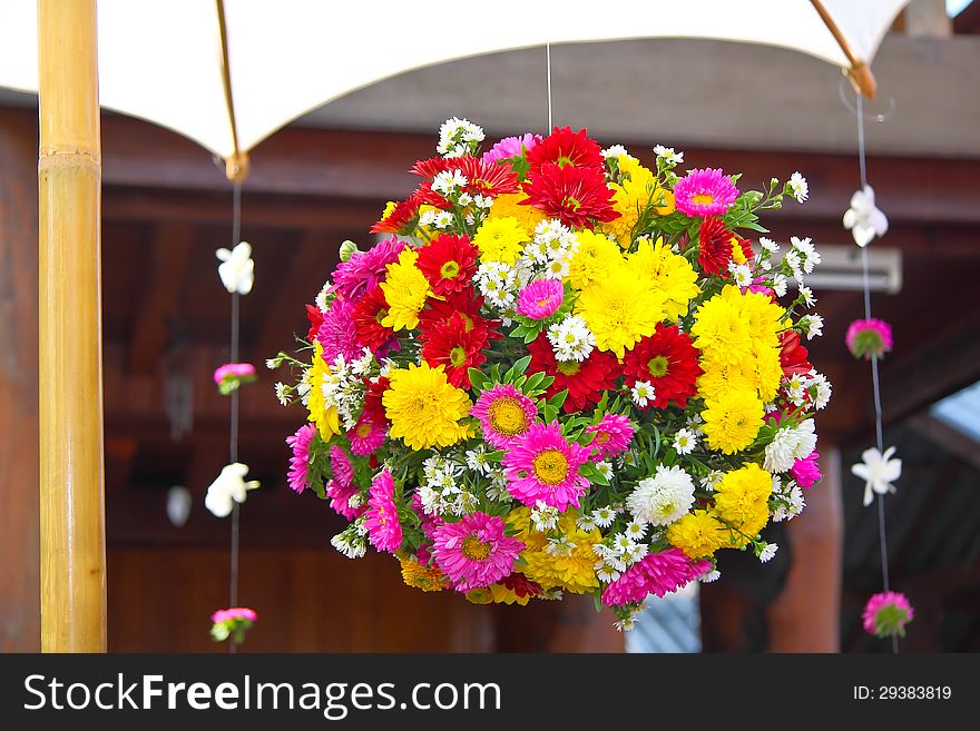 Picture of colorful flower ball and umbrella.