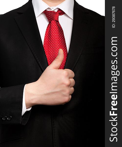 Isolated businessman in a suit with red tie shows well