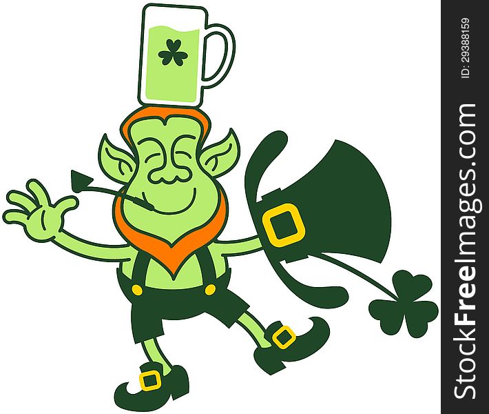 Green Leprechaun Balancing with a Glass of Beer over his Head