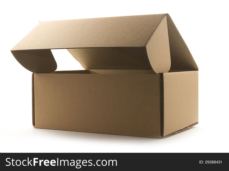 Brown open cardboard box isolated on white background