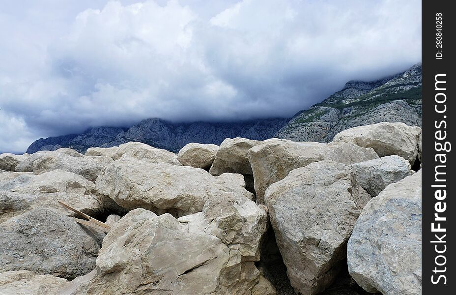 Mountain with clouds and rocks