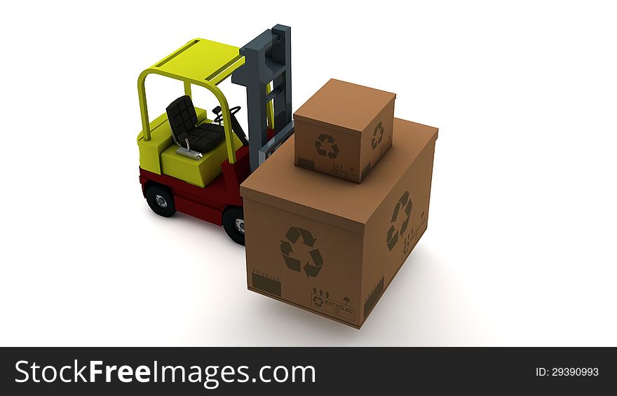 3d design. Truck and cardboards and white background. 3d design. Truck and cardboards and white background