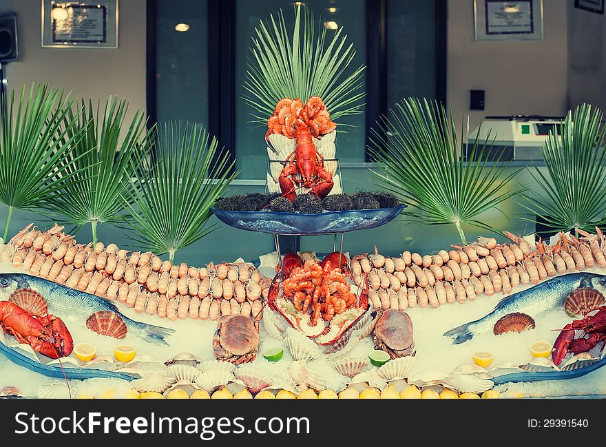 Storefront decorated seafood with crawfish and shrimp. Storefront decorated seafood with crawfish and shrimp