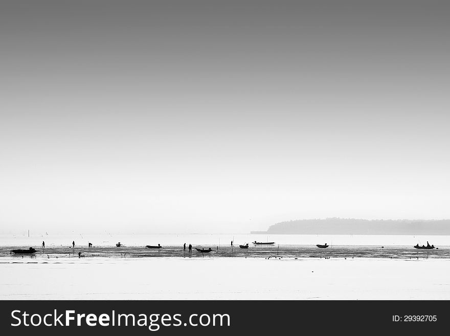 Black and white boat and sea