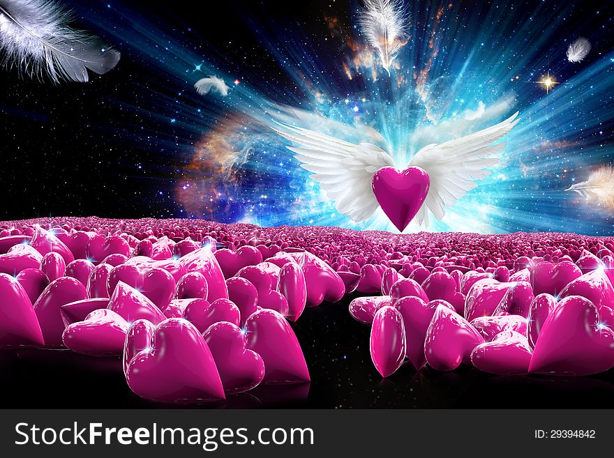Heart with wings flying into the heart of many. Meaningful freedom of love.