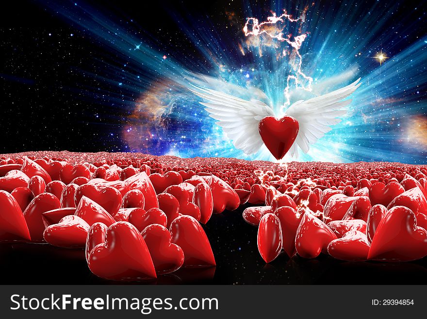 Heart with wings flying into the heart of many. Meaningful freedom of love.