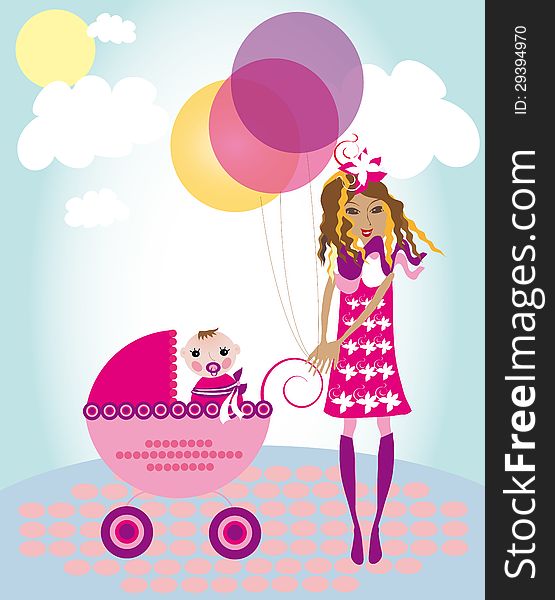 Vector illustration of happy mother with baby and balloons