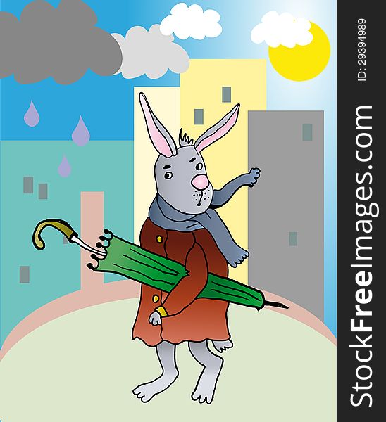 Vector illustration of funny rabbit walking in city with umbrella and lookint at the beginning rain. Vector illustration of funny rabbit walking in city with umbrella and lookint at the beginning rain