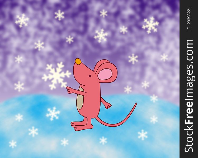 Cute illustration of a pink mouse touching a falling snowflake. Cute illustration of a pink mouse touching a falling snowflake