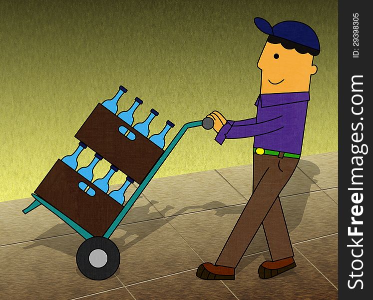 Illustration of a man delivering cases with beers in a trolley. Illustration of a man delivering cases with beers in a trolley