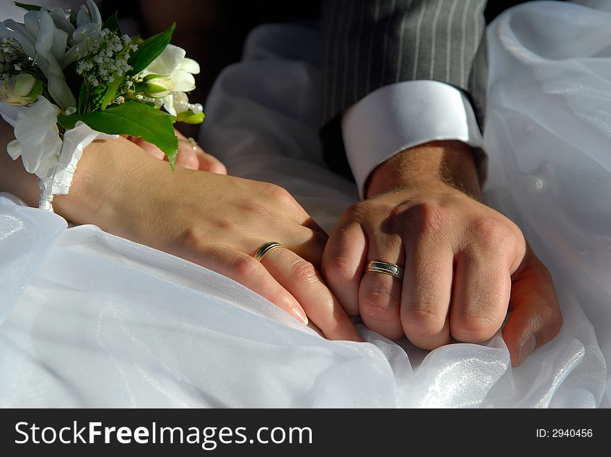 Bride and groom hands close up