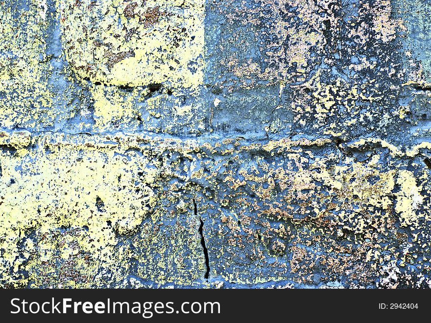 Deteriorating painted brick wall stylized with grunge effects (part of a photo illustration series). Deteriorating painted brick wall stylized with grunge effects (part of a photo illustration series)