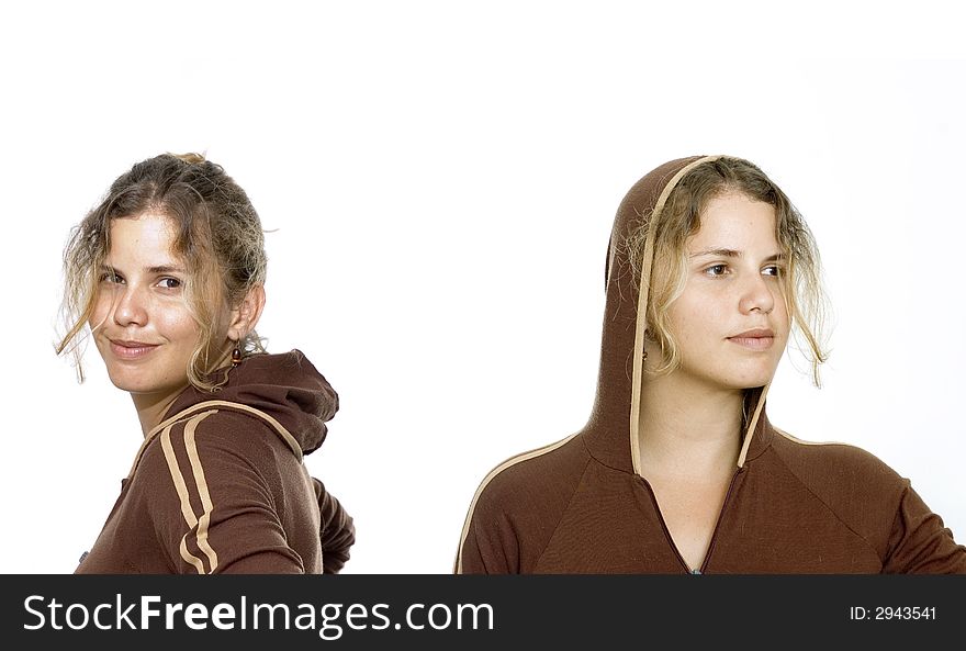 Two isolated girls wearing brown sweater. Two isolated girls wearing brown sweater