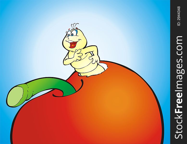 Illustration of worm in apple. Illustration of worm in apple