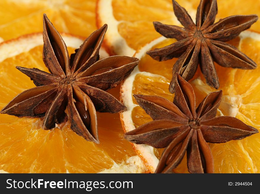 Slices oranges and stars anise. Slices oranges and stars anise