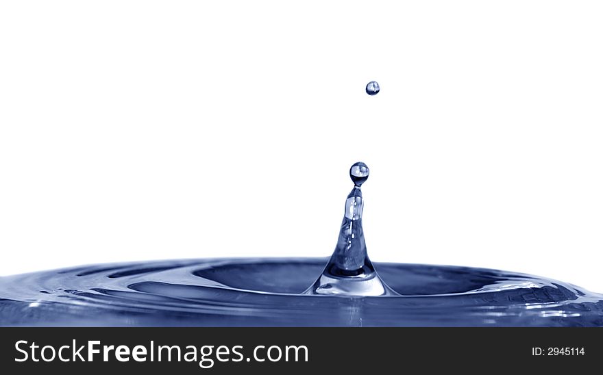 Isolated blue drops are falling down and impact with liquid surface. Isolated blue drops are falling down and impact with liquid surface