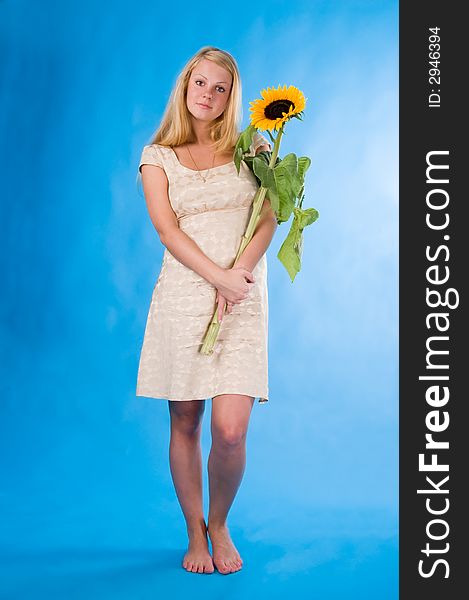 The attractive blonde in studio holds a sunflower in hands. The attractive blonde in studio holds a sunflower in hands