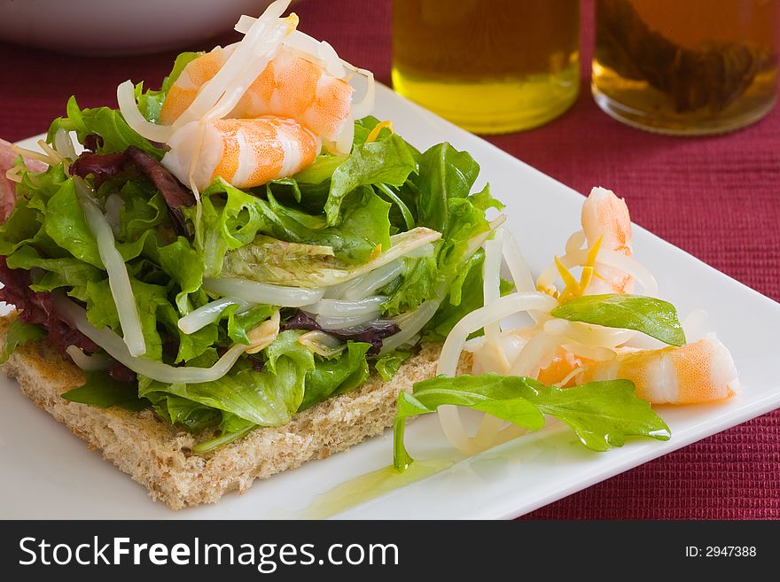 Bread toast with assorted lettuce leaf and boiled prawn. Bread toast with assorted lettuce leaf and boiled prawn