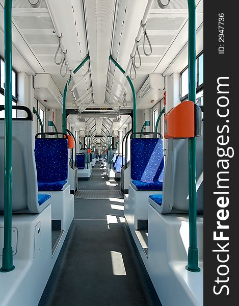 Longest articulated tram in the world interior in Budapest (Hungary)