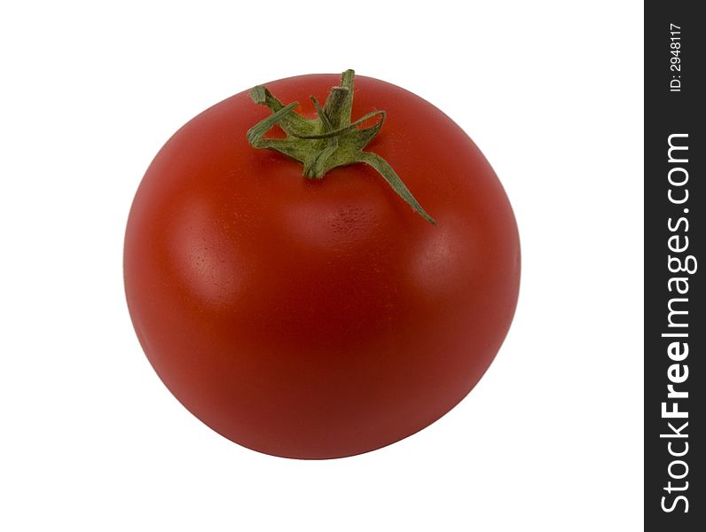 A red ripe tomato on a white surface. A red ripe tomato on a white surface.