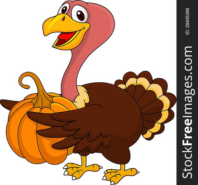 Illustration of turkey cartoon with pumpkin