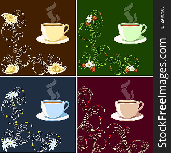 The illustration shows a cup of coffee with decorative patterns, flowers and berries, made in different versions. Vector format EPS 10.