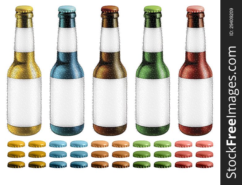 Digital illustration of beer bottles with blank labels and condensation droplets. Optional caps are included.