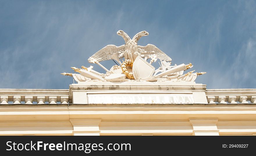 Double eagle detailed sculpture on the top of schonbrunn palace. Double eagle detailed sculpture on the top of schonbrunn palace