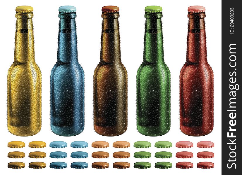 Digital illustration of beer bottles with condensation droplets. Optional caps are included. Digital illustration of beer bottles with condensation droplets. Optional caps are included.