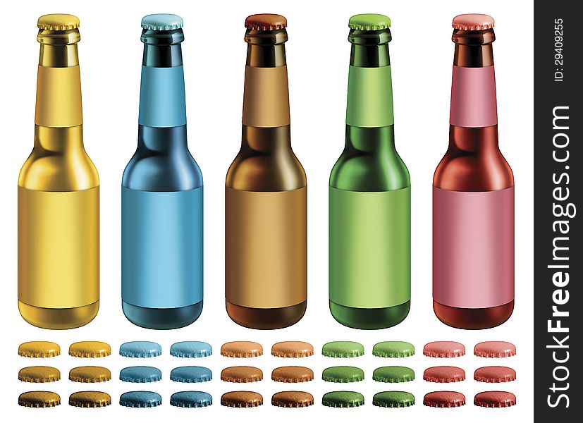 Digital illustration of beer bottles with blank labels. Extra optional caps are included. Digital illustration of beer bottles with blank labels. Extra optional caps are included.