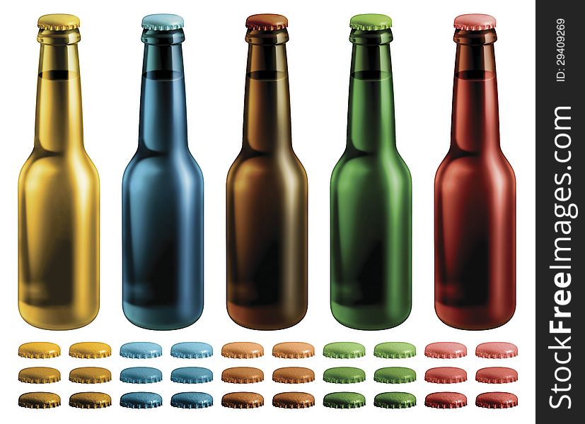 Digital illustration of beer bottles. Optional caps are included.