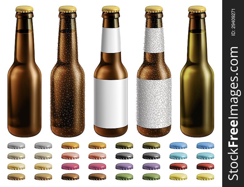 Digital illustration of beer bottles with and without labels and condensation droplets. Extra optional caps are included.