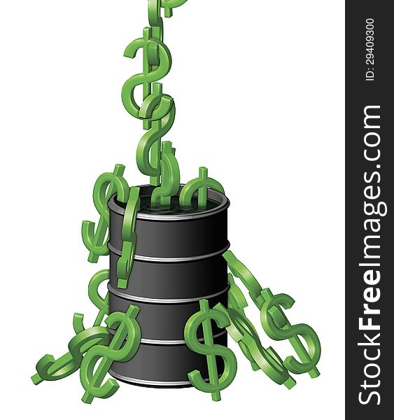 Illustration of dollar symbols (like monkeys) being pulled out of a barrel of oil. Illustration of dollar symbols (like monkeys) being pulled out of a barrel of oil.