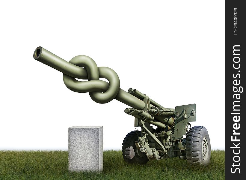 Photo-illustration of an old artillery gun with the barrel tied in a knot and a blank stone waiting for your text.
