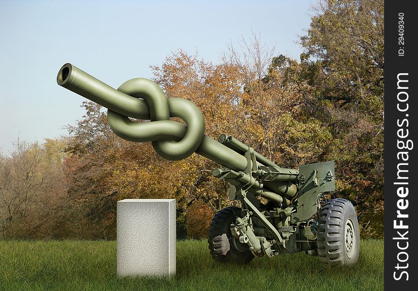 Photo-illustration of an old artillery gun with the barrel tied in a knot and a blank stone waiting for your text.